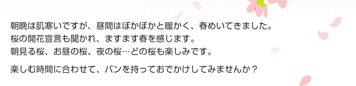 朝晩は肌寒いですが、昼間はぼかぼかと暖かく、春めいてきました。
桜の開花宣言も聞かれ、ますます春を感じますね。
朝見る桜、お昼の桜、夜の桜...どの桜も楽しみです。
楽しむ時間に合わせて、パンを持っておでかけしてみませんか？